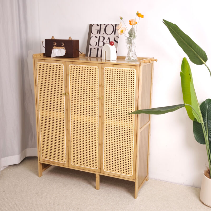UNHO Meuble è Chaussure d’Entrée en Bambou: 107×90×35cm Armoire à Chaussures avec Tiroir Vintage, 3 Porte Rangement Chaussure à 5 Étagères pour 16 à