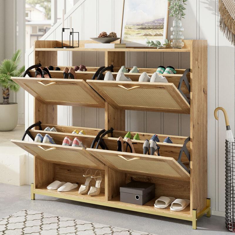Meuble à chaussures entrée/couloir avec 4 ports gain de place, piétement métal, 108,5×24×100 cm, MDF couleur bois