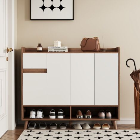 Meuble à chaussures et commode moderne 4 portes 1 tiroir étagère réglable grand rangement salon cuisine blanc naturel 120x35x99cm