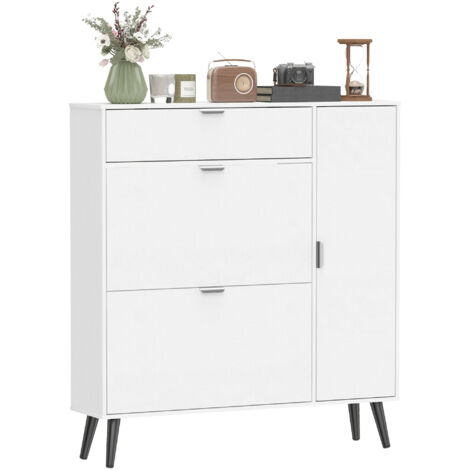 Meuble à chaussures étroit 2 compartiments rabattables, armoire à chaussures portes en similicuir litchi blanc, étagères réglables