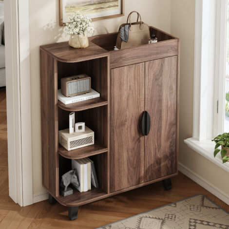 Meuble à chaussures étroit aspect bois 80x32x99 cm – 2 portes, niches ouvertes, tablette supérieure, pour entrée