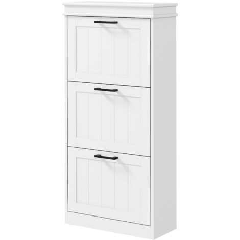 Meuble à chaussures étroit avec 3 portes à charnières et étagères réglables pour 15 paires de chaussures, blanc