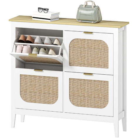 Meuble à chaussures étroit avec 4 portes en rotin, étagères réglables pour 20 paires de chaussures, 105 x 24 x 95,5 cm, blanc