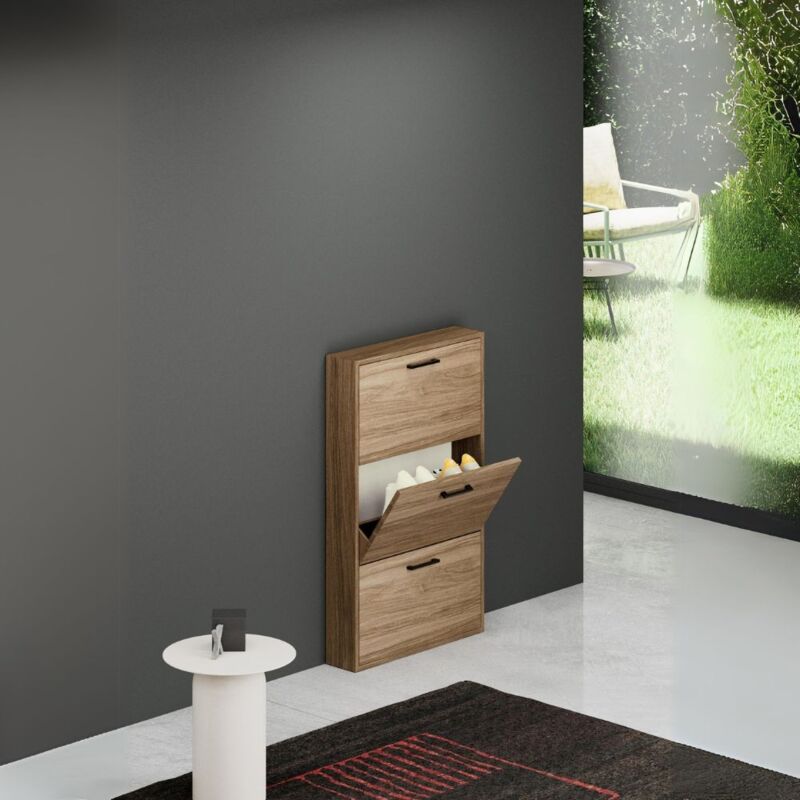 Toscohome - Meuble à chaussures étroit et peu encombrant avec 3 portes en noyer naturel 65x15x108H cm - Serena