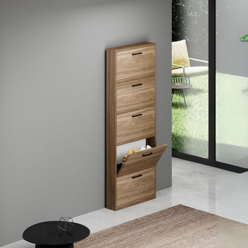 Toscohome - Meuble à chaussures étroit et peu encombrant avec 5 portes en noyer naturel 65x15x180H cm - Serena