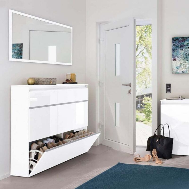Ahd Amazing Home Design – Meuble à chaussures 2 portes rabattables – Capacité 24 paires – Dimensions 120x26,5x108 cm – Bois FSC blanc laqué brillant