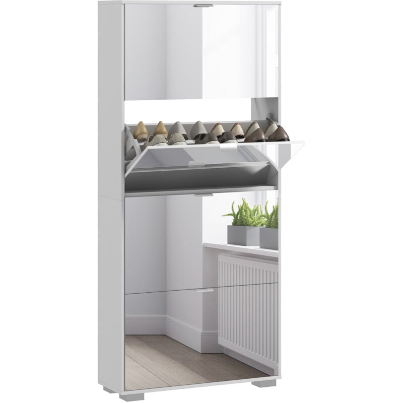 Homcom - Meuble à chaussures grand miroir 2 en 1 - 4 portes abattantes, étagères réglables - blanc verre