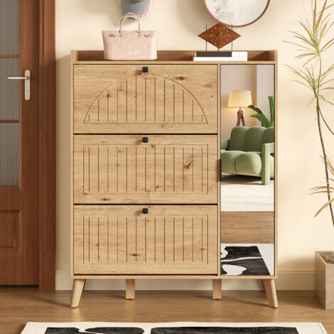 Meuble à Chaussures Haut avec Miroir – 3 Portes Rabattables et Plateau – Pour Entrée et Couloir