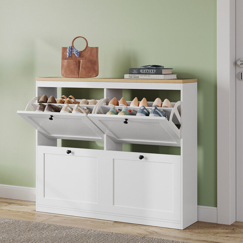 Meuble à Chaussures HavenlyHome, 4 Portes, Séparateur Réglables, Double Compartiment, 16 à 24 Paires, pour Couloir, Entrée, L105xP24xH83 cm, Blanc
