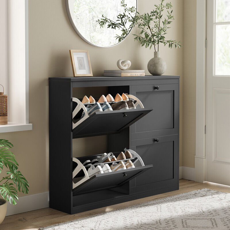 Meuble à Chaussures HavenlyHome, 4 Portes, Séparateur Réglables, Double Compartiment, 16 à 24 Paires, pour Couloir, Entrée, L105xP24xH83 cm, Noir