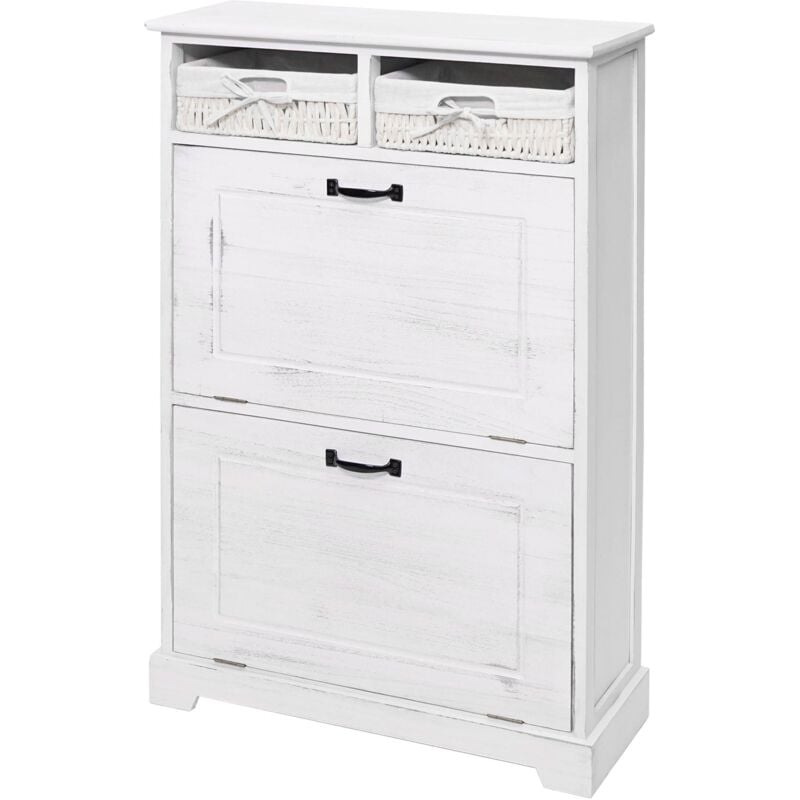 HHG - Meuble à chaussures 670, tiroir à panier, en bois massif au look miteux 100x60x24cm, blanc