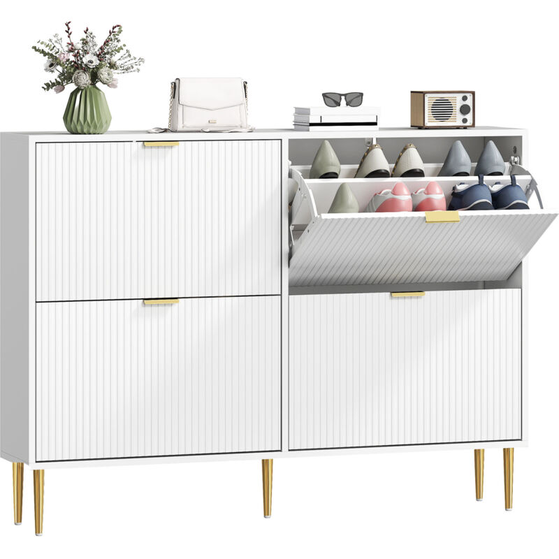 Meuble à chaussures - HOMCOM - 20 paires - 4 tiroirs rabattables, portes cannelées, étagères réglables - MDF - 105x24x91,5cm - blanc