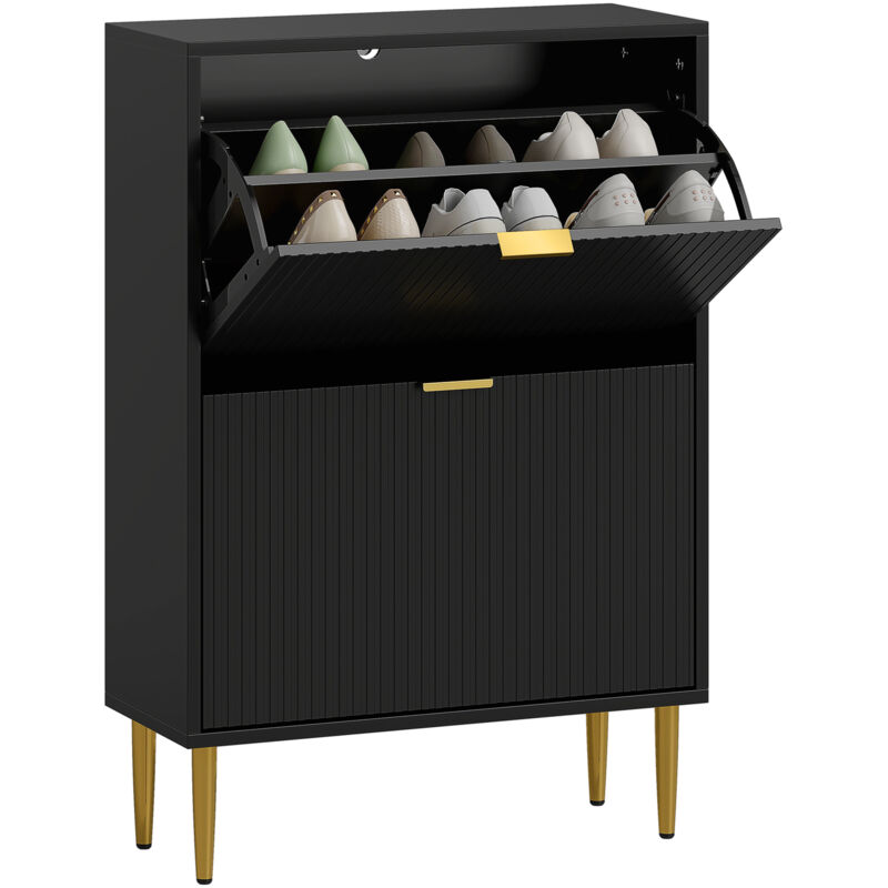 Meuble à chaussures - HOMCOM - 12 paires - 2 tiroirs rabattables, portes cannelées, étagères réglables - MDF - 60x24x91,5ccm - noir