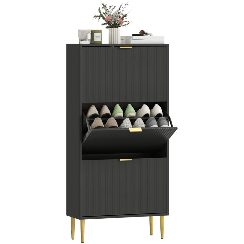 Meuble à chaussures - HOMCOM - 18 paires - 3 tiroirs rabattables, portes cannelées et étagères réglables - MDF - 60x24x122,5cm - noir