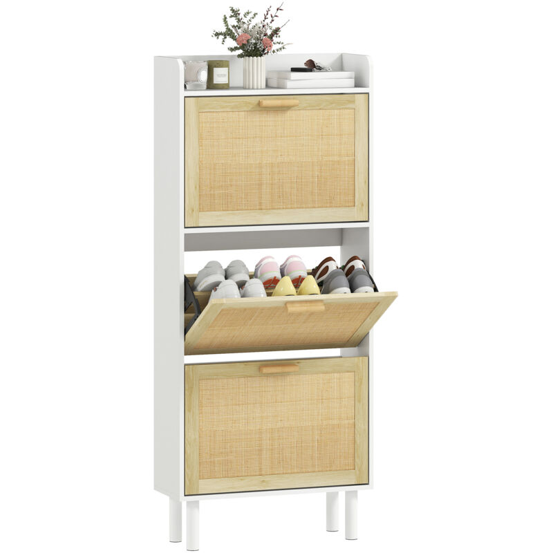 Meuble à chaussures - HOMCOM - 3 portes abattants effet résine tressée, étagères - 18 paires - 65 x 24,5 x 153 cm - blanc