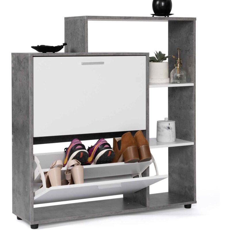 Meuble à chaussures 12 paires KLARK effet béton 2 portes blanches avec étagère