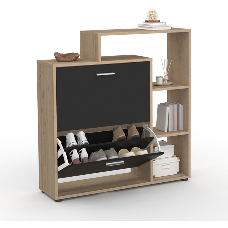 Meuble à chaussures 12 paires klark imitation hêtre 2 portes noires avec étagères