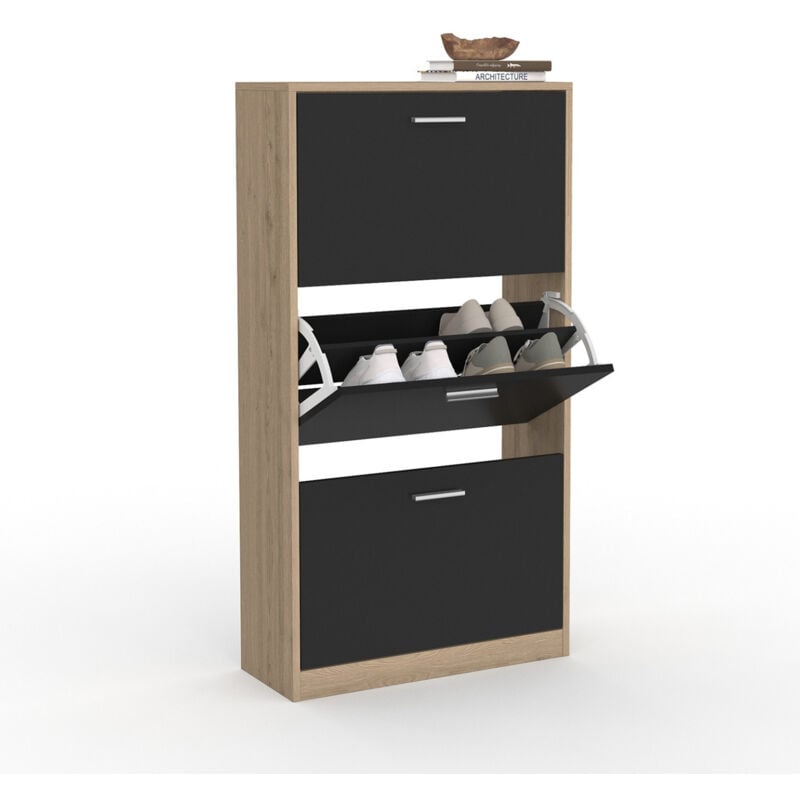 Meuble à chaussures 18 paires klark imitation hêtre 3 portes noires