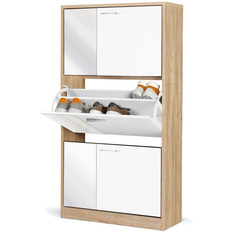 Meuble à chaussures imitation hêtre 3 portes blanches avec miroirs - Multicolore