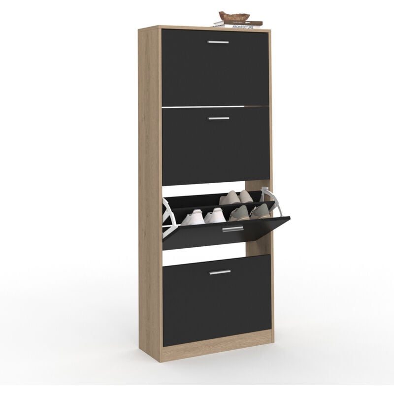 Meuble à chaussures 24 paires klark imitation hêtre 4 portes noires