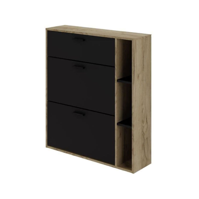 Meuble a chaussures leona 2 Portes - Mélaminé noir et contour chene rustique - 8 a 10 paires - L90 x P25 x H102 cm