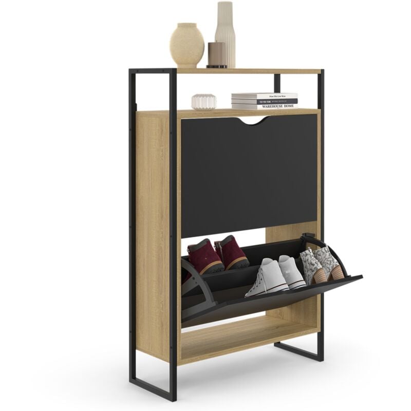Meuble à chaussures 12 paires boston 2 portes avec étagère supérieure design industriel