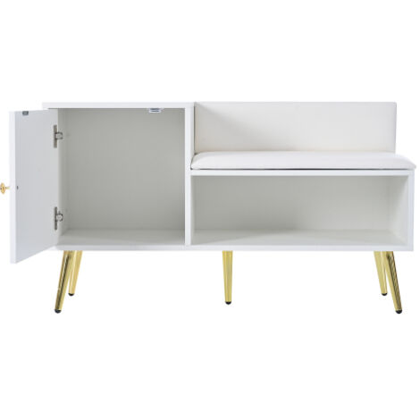 Meuble à chaussures luxueux blanc en panneau de bois, banquette et dossier rembourrés avec poignées et pieds métalliques, rangement spacieux moderne pour l'entrée