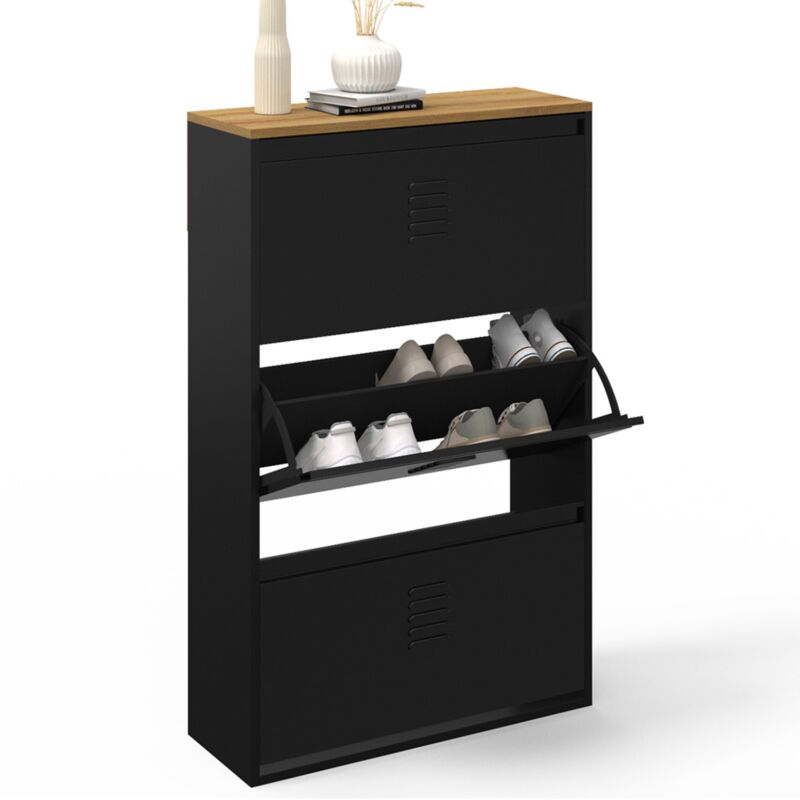 Meuble à chaussures maxi capacité ester 3 portes 18 paires métal noir et plateau bois design industriel