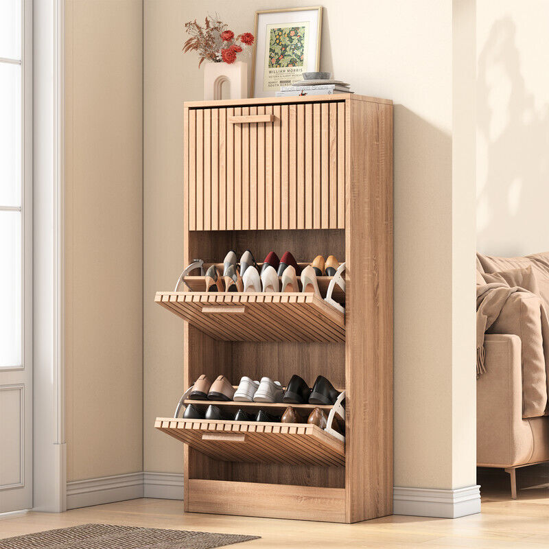 Meuble à chaussures, meuble à chaussures en rotin 60x24x113cm, multi rangement, 3 portes, meuble à chaussures anti-bascule, pour halls d'entrée,