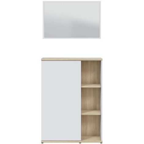 Meuble à chaussures Meuble d’entrée 1 porte avec miroir coloris Blanc/chêne - Longueur 77 x Profondeur 24 x Hauteur 106 cm