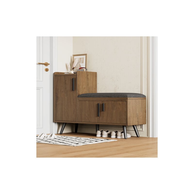 Meuble à chaussures bois avec 3 portes de rangement, poignées métalliques asymétriques