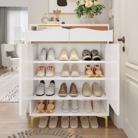 Meuble à chaussures moderne blanc avec éclairage LED – Meuble d'entrée compact avec tiroirs et étagères – Rangement, design et éclairage pour couloirs, salons et entrées