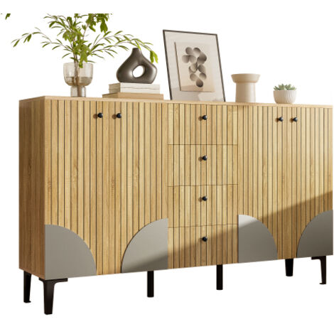 Meuble à chaussures moderne effet bois à trois portes, avec espace de rangement et étagère – Meuble d'entrée aux tons clairs avec cadre noir, texture verticale et accents gris.