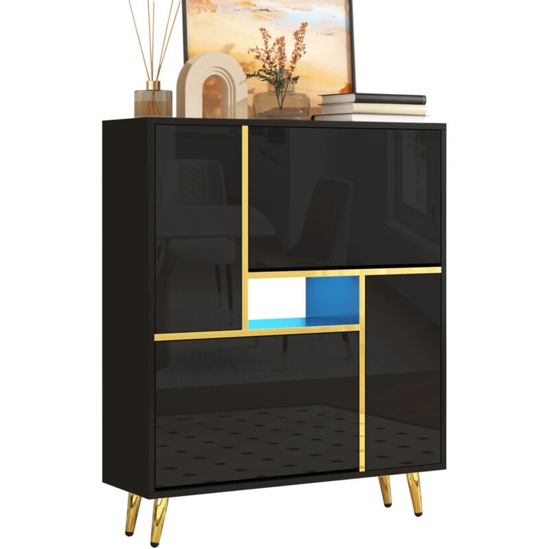 Meuble à chaussures moderne, meuble à chaussures noir avec façade brillante et lumière led 16 couleurs (80 x 25 x 96 cm)