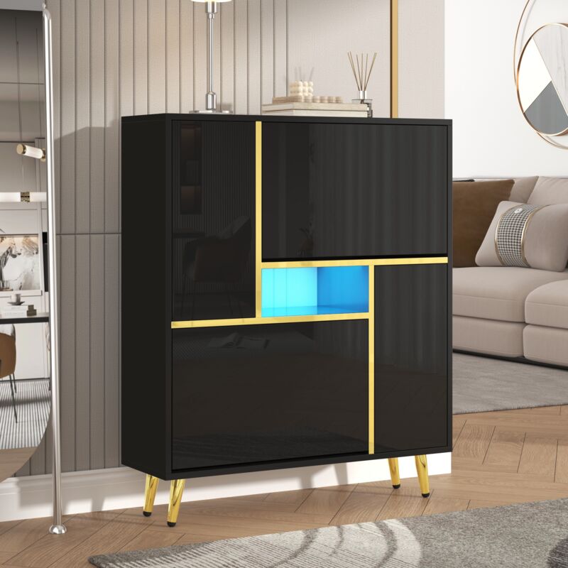 Tanant - Meuble à chaussures moderne, meuble à chaussures noir avec façade brillante et lumière led 16 couleurs (80 x 25 x 96 cm) - Noir