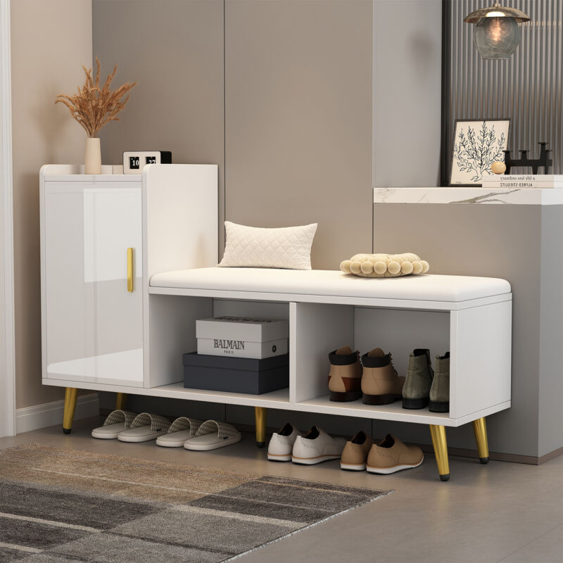 Meuble à chaussures Modfu avec tabouret et 1 porte, poignées et pieds dorés, assise rembourrée, armoire/chambre/couloir, panneaux de particules,
