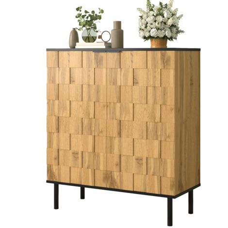 Meuble à chaussures mosaïque 2 portes, étagère compartiments réglables aspect bois pieds métal pour entrée 80x35x91,5cm - Naturel