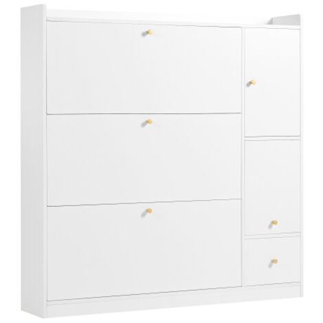 Meuble à chaussures multifonction à abattants (3 niveaux) — Unité de rangement pour entrée avec tiroir et porte-chaussures sur pied intégrant un banc pliant pour se chausser — Idéal pour les couloirs