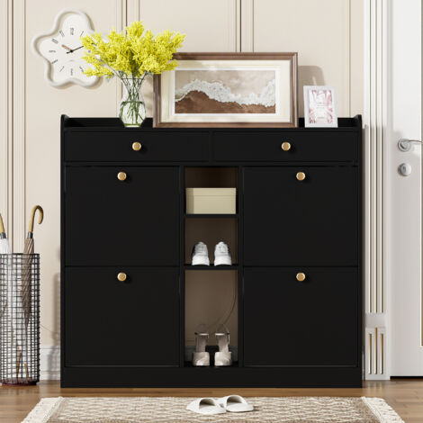 Meuble à chaussures noir avec 4 portes battantes, 2 tiroirs et 3 compartiments ouverts pour les couloirs et les entrées modernes