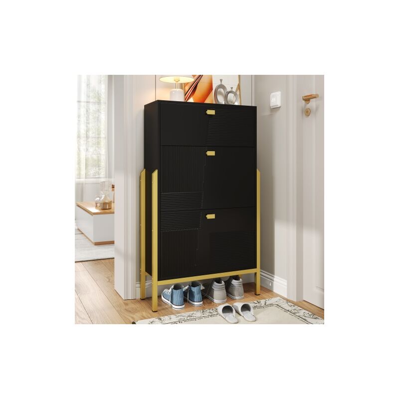 Meuble à chaussures noir avec tiroirs, étagère à chaussures double avec poignées et pieds dorés