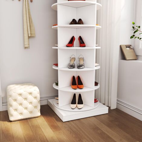 Meuble à chaussures pivotant blanc à 360°, 7 étagères, peut contenir jusqu'à 28 chaussures.