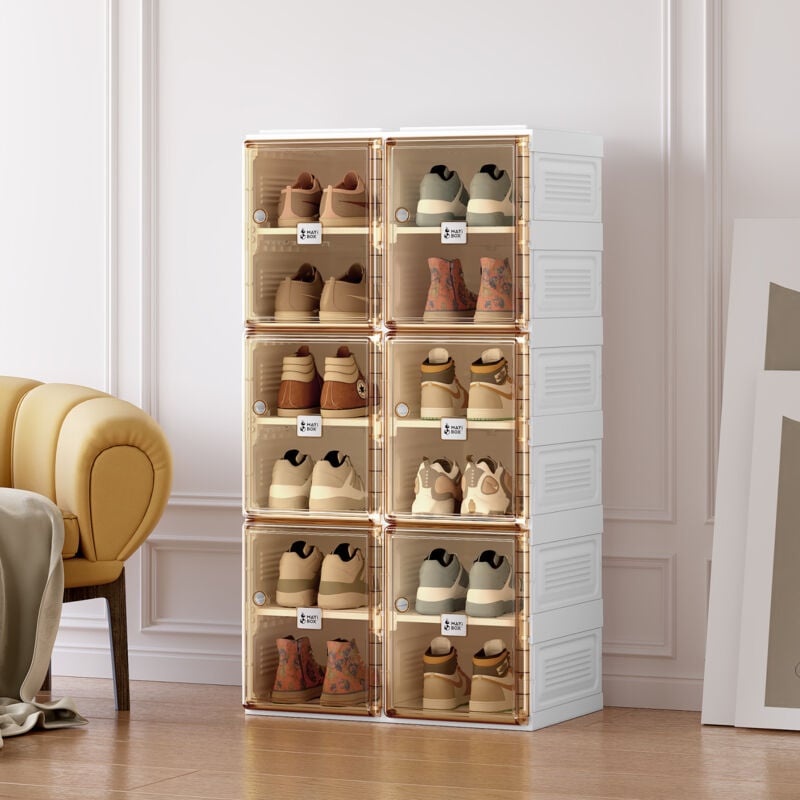 Meuble à chaussures portable pour salon, meuble de rangement empilable avec portes et étagères, Polypropylène, Marron+blanc