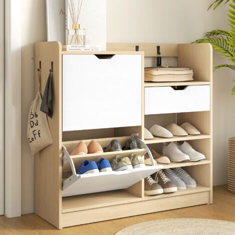 Meuble à chaussures pour entrée, avec tiroirs basculants, étagères ouvertes et 4 crochets, pouvant contenir jusqu'à 14 paires de chaussures, couleur naturelle.Meuble à chaussures