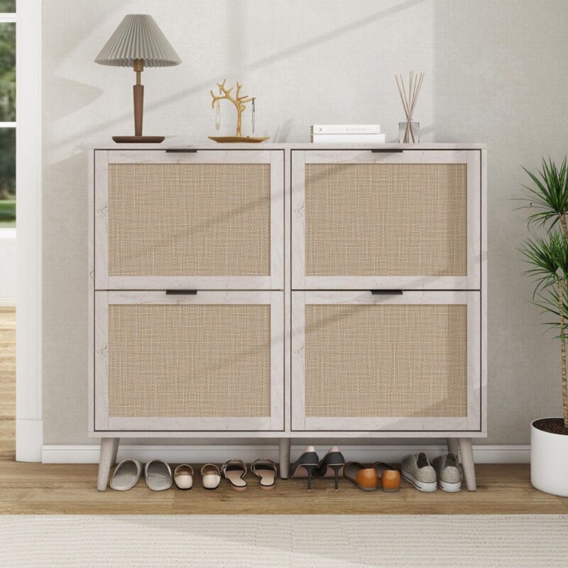 Eifson - Meuble à chaussures rabattable 4 portes 105 cm - style vintage, aspect rotin, double étagères avec panneau arrière, design en bois, adapté