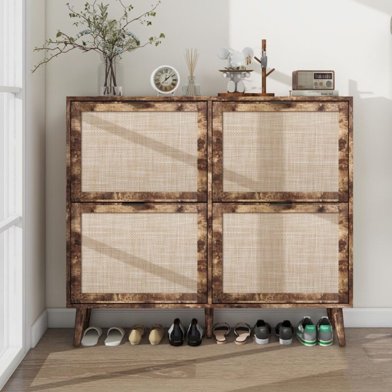 Eifson - Meuble à chaussures rabattable 4 portes 105 cm - style vintage, aspect rotin, double étagères avec panneau arrière, design en bois, adapté