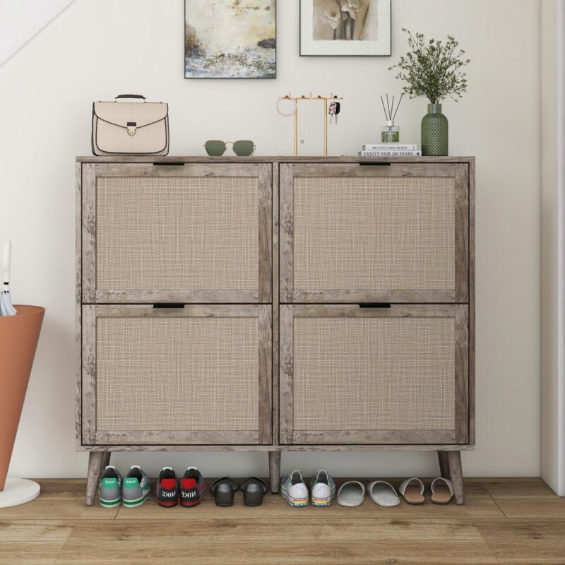 Eifson - Meuble à chaussures rabattable 4 portes 105 cm - style vintage, aspect rotin, double étagères avec panneau arrière, design en bois, adapté