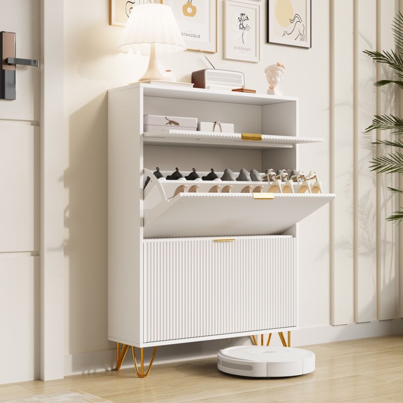 Tanant - Meuble à chaussures rabattable avec 2 portes, rangement, texture ondulée, design vertical, poignées dorées, Banc de rangement de chaussures