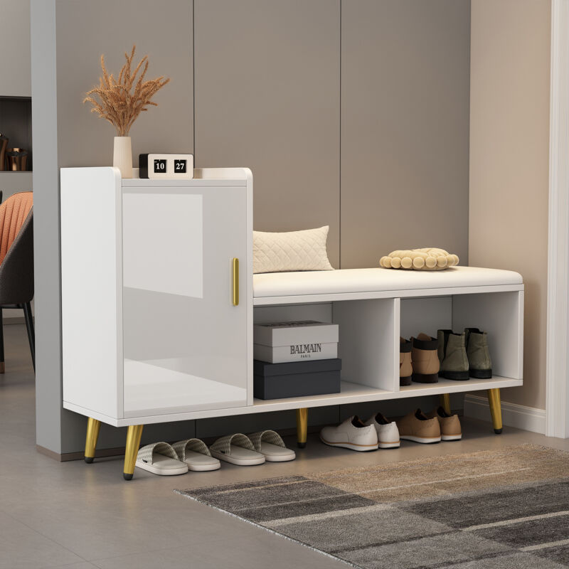 Okwish - Meuble à chaussures, rangement à plusieurs niveaux avec siège rembourré, accessoires dorés pour entrée, couloir, salon, vestiaire