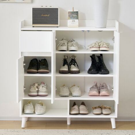 Meuble à chaussures Salon, avec Étagères Réglables et Pieds en Bois Solide, Commode - 90x35x99cm, Blanc