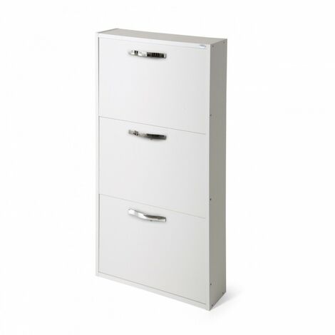 Meuble à chaussures slim frêne blanc 3 volets – Bois mélaminé – Dimensions 108x65x15 cm – Pour espaces réduits